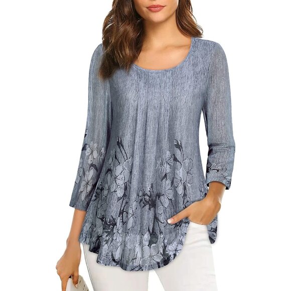 Women's 3/4 Sleeve Tunic Tops Casual Loose Fit Floral Blouses - Picture 1 of 5